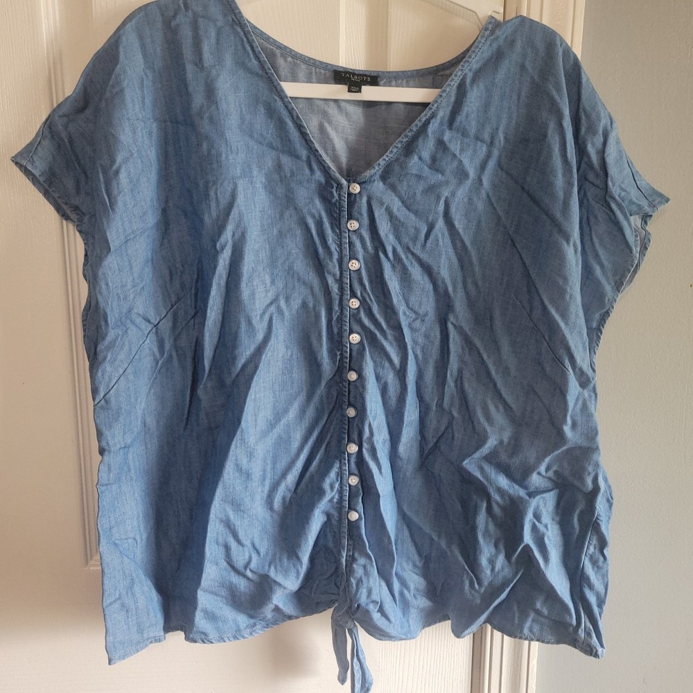 Talbots Cap Sleeve Denim V neck Button up Top Women's Blue Size XL Petite